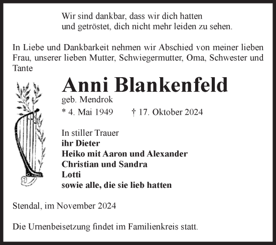 Traueranzeige von Anni Blankenfeld von Volksstimme Altmark Ost