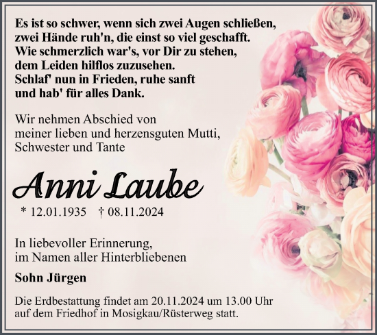 Traueranzeige von Anni Laube von Trauerkombi Dessau