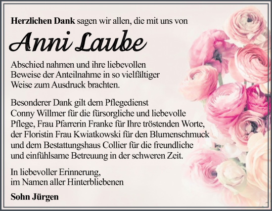 Traueranzeige von Anni Laube von Trauerkombi Dessau