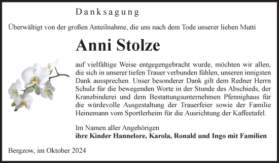 Traueranzeige von Anni Stolze von Volksstimme Burg/Genthin