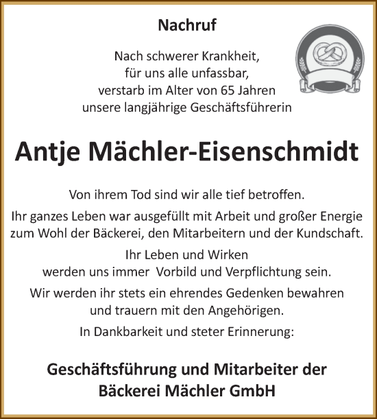Traueranzeige von Antje Mächler-Eisenschmidt von Naumburger Tageblatt