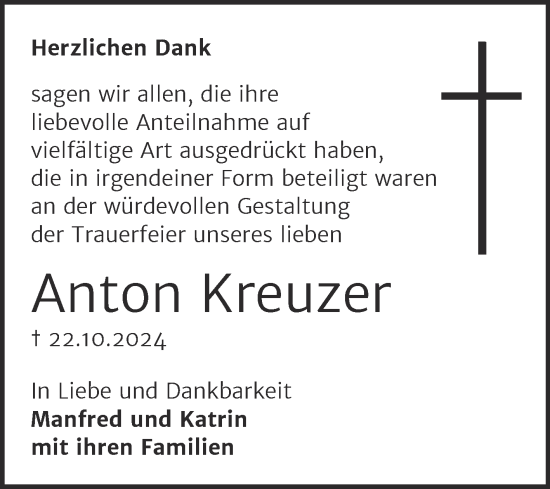 Traueranzeige von Anton Kreuzer von Trauerkombi Bernburg