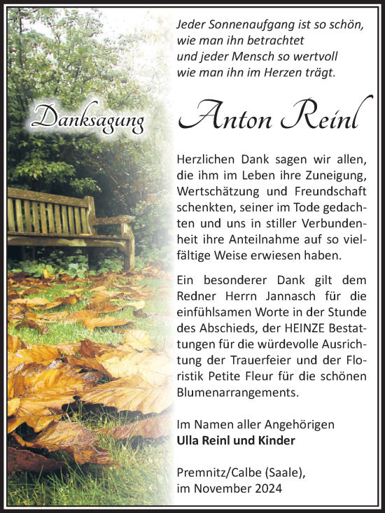 Traueranzeige von Anton Reinl von Volksstimme Schönebeck