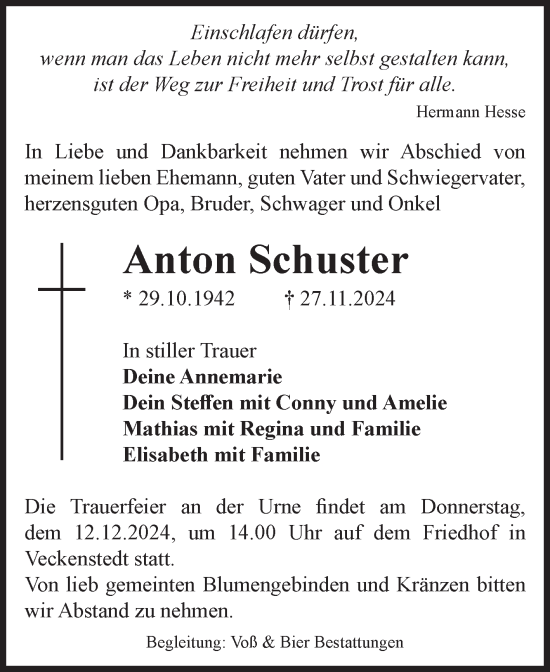 Traueranzeige von Anton Schuster von Volksstimme Wernigerode