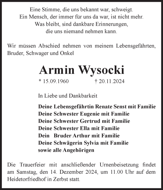 Traueranzeige von Armin Wysocki von Volksstimme Zerbst