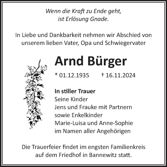Traueranzeige von Arnd Bürger von Volksstimme Altmark West