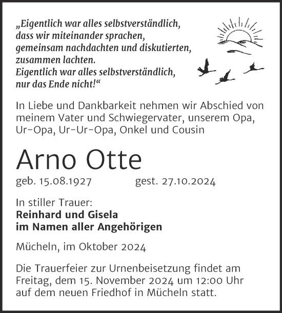 Traueranzeige von Arno Otte von Trauerkombi Merseburg
