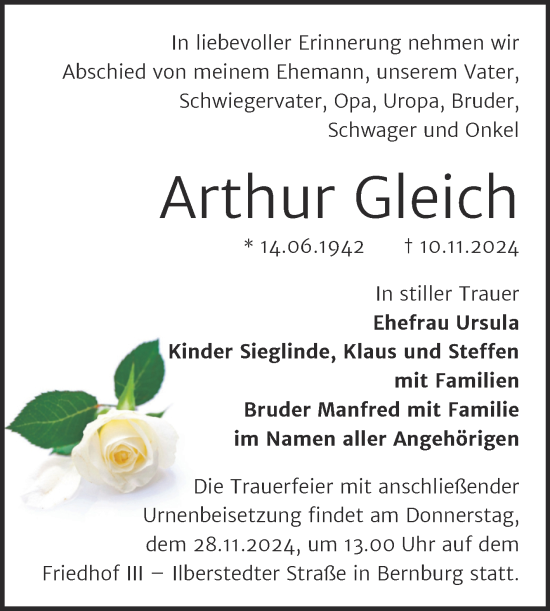 Traueranzeige von Arthur Gleich von Trauerkombi Bernburg
