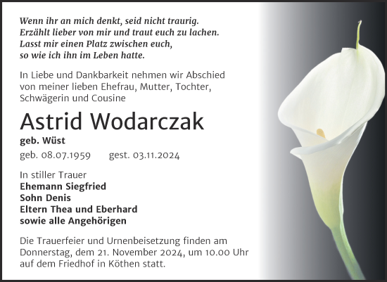 Traueranzeige von Astrid Wodarczak von Trauerkombi Köthen