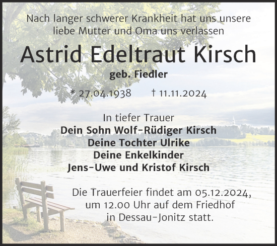 Traueranzeige von Astrid Edeltraut Kirsch von Trauerkombi Dessau