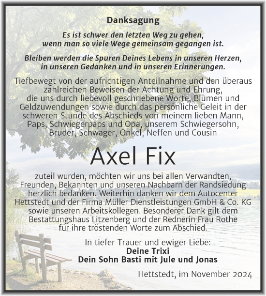 Traueranzeige von Axel Fix von Trauerkombi Mansfelder Land