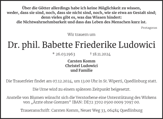 Traueranzeige von Babette Friederike Ludowici von Super Sonntag Quedlingburg