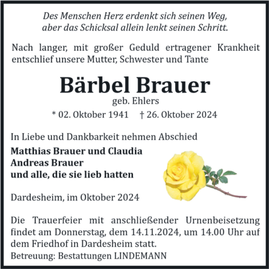 Traueranzeige von Bärbel Brauer von Volksstimme Halberstadt