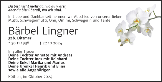 Traueranzeige von Bärbel Lingner von Trauerkombi Köthen