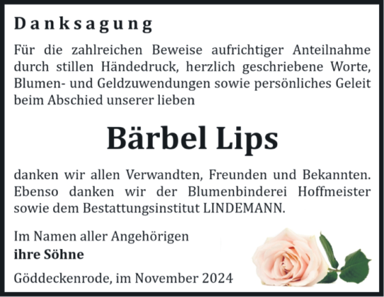 Traueranzeige von Bärbel Lips von Volksstimme Halberstadt