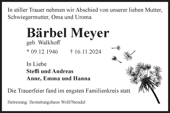 Traueranzeige von Bärbel Meyer von Volksstimme Altmark Ost