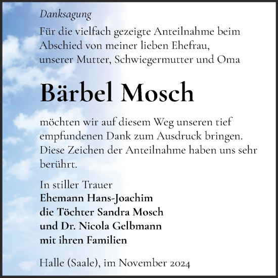 Traueranzeige von Bärbel Mosch von Mitteldeutsche Zeitung Halle/Saalkreis