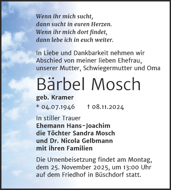 Traueranzeige von Bärbel Mosch von Mitteldeutsche Zeitung Halle/Saalkreis