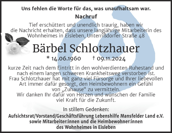 Traueranzeige von Bärbel Schlotzhauer von Mitteldeutsche Zeitung Mansfelder Land