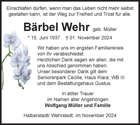 Traueranzeige von Bärbel Wehr von Volksstimme Halberstadt