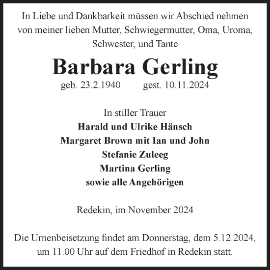 Traueranzeige von Barbara Gerling von Volksstimme Burg/Genthin