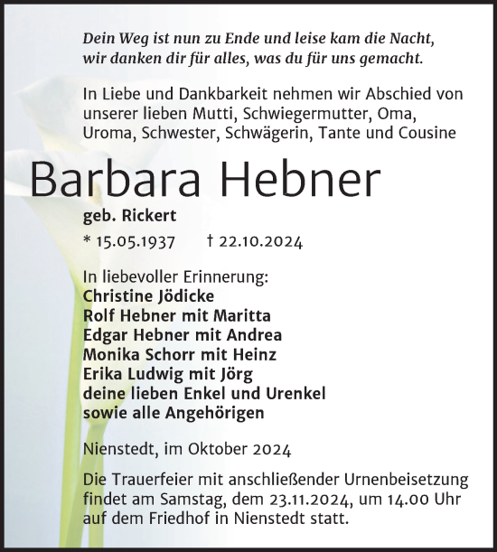 Traueranzeige von Barbara Hebner von Trauerkombi Sangerhausen