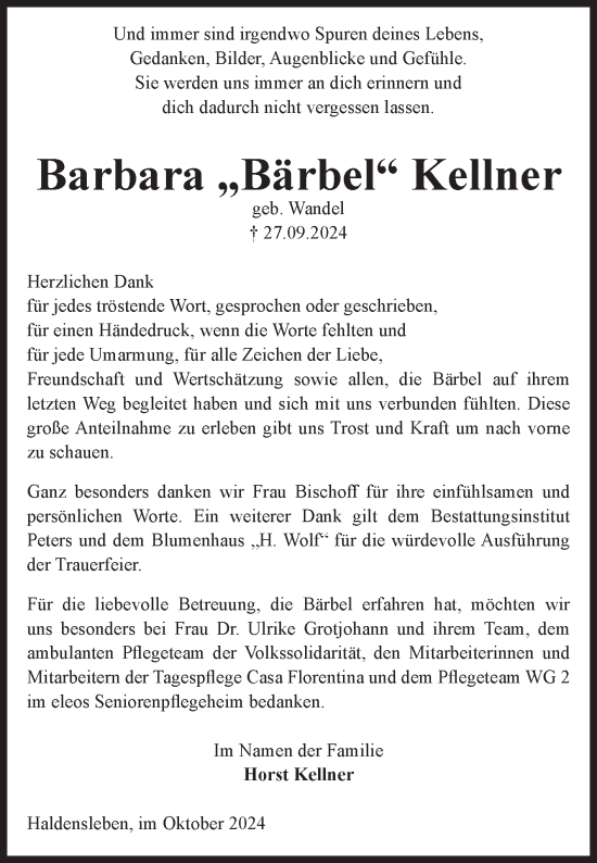 Traueranzeige von Barbara  Kellner von Volksstimme Haldensleben/Wolmirstedt