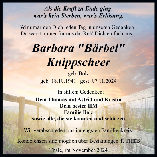 Traueranzeige von Barbara Knippscheer von Trauerkombi Quedlinburg