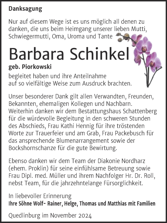 Traueranzeige von Barbara Schinkel von Trauerkombi Quedlinburg