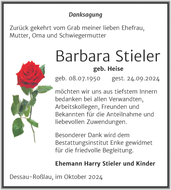 Traueranzeige von Barbara Stieler von Trauerkombi Dessau