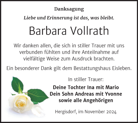 Traueranzeige von Barbara Vollrath von Trauerkombi Mansfelder Land