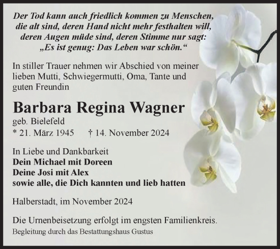 Traueranzeige von Barbara Regina Wagner von Volksstimme Halberstadt
