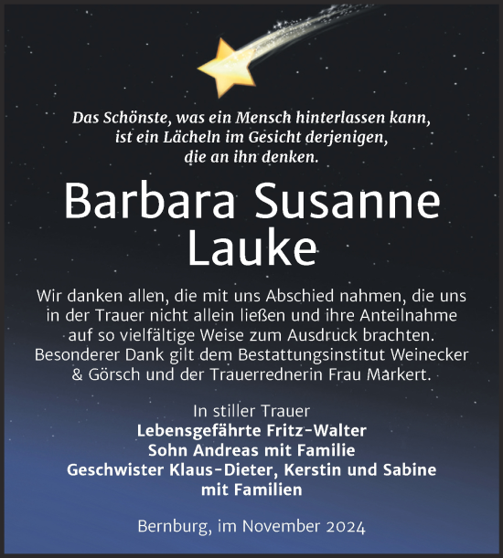 Traueranzeige von Barbara Susanne Lauke von Trauerkombi Bernburg