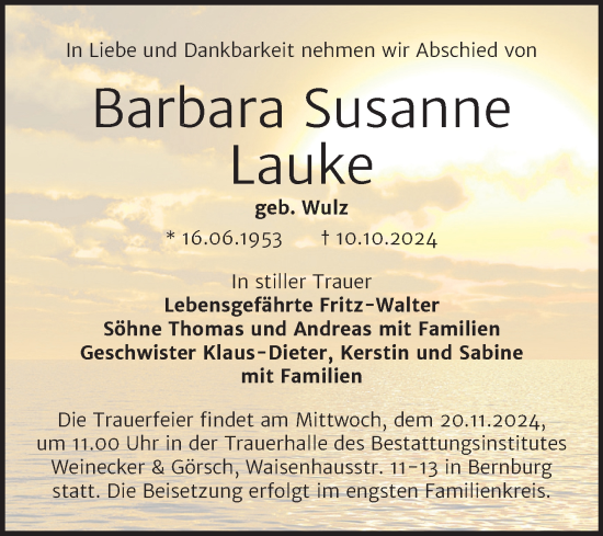 Traueranzeige von Barbara Susanne Lauke von Trauerkombi Bernburg
