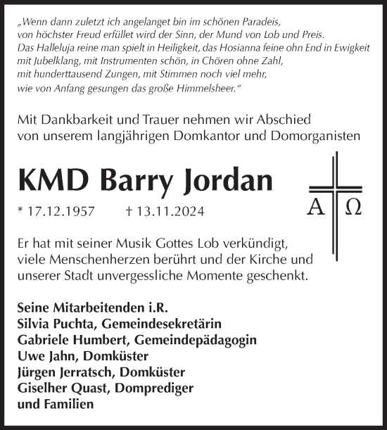 Traueranzeige von Barry Jordan von Volksstimme Magdeburg