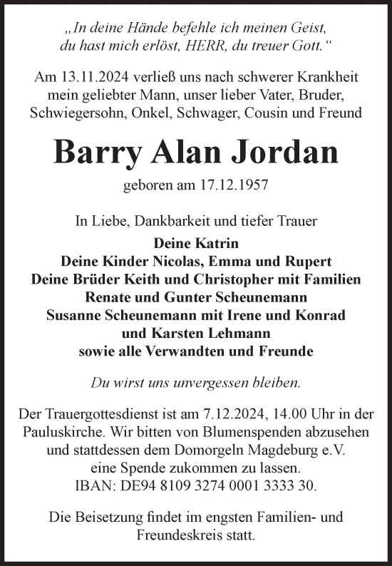 Traueranzeige von Barry Alan Jordan von Volksstimme Magdeburg