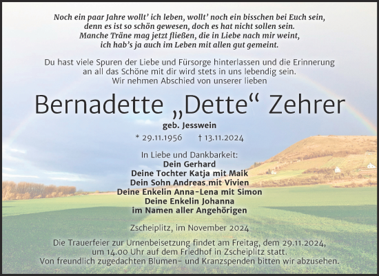 Traueranzeige von Bernadette Zehrer von Super Sonntag Naumburg/Nebra