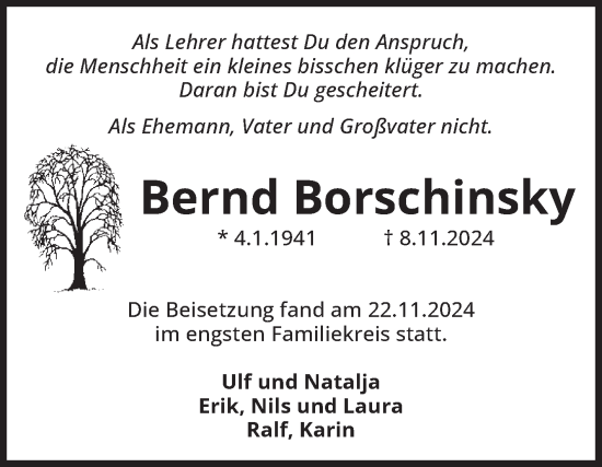 Traueranzeige von Bernd Borschinsky von Volksstimme Halberstadt