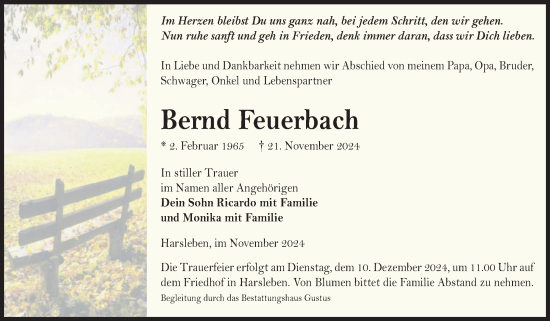 Traueranzeige von Bernd Feuerbach von Volksstimme Halberstadt