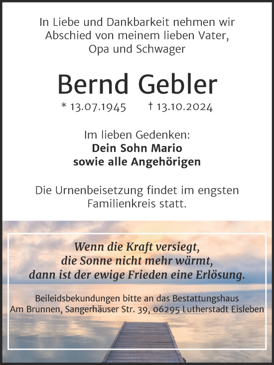 Traueranzeige von Bernd Gebler von Trauerkombi Mansfelder Land