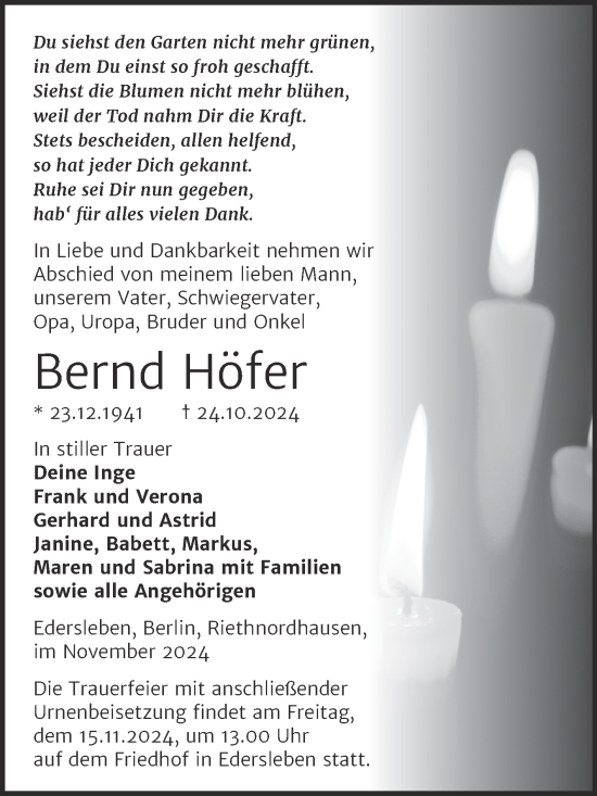 Traueranzeige von Bernd Höfer von Trauerkombi Sangerhausen