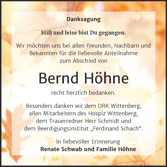 Traueranzeige von Bernd Höhne von Trauerkombi Wittenberg