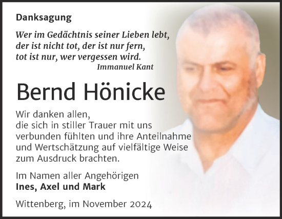 Traueranzeige von Bernd Hönicke von Trauerkombi Wittenberg