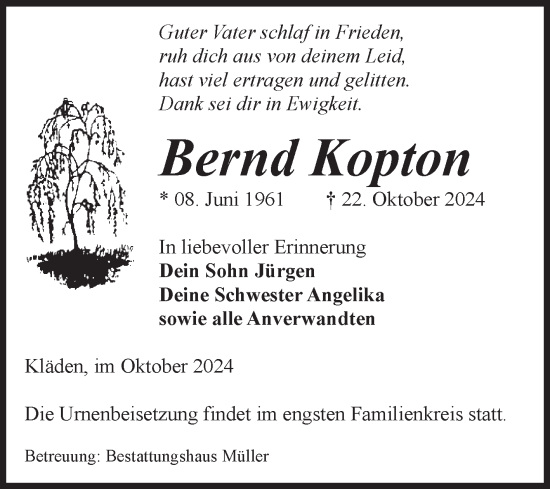 Traueranzeige von Bernd Kopton von Volksstimme Altmark West