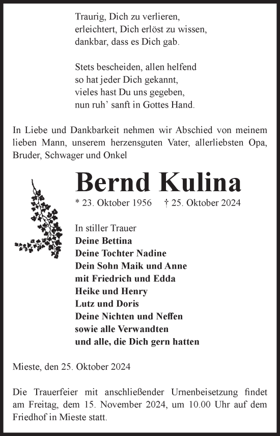 Traueranzeige von Bernd Kulina von Volksstimme Altmark West