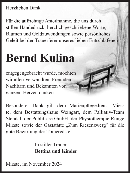 Traueranzeige von Bernd Kulina von Volksstimme Altmark West