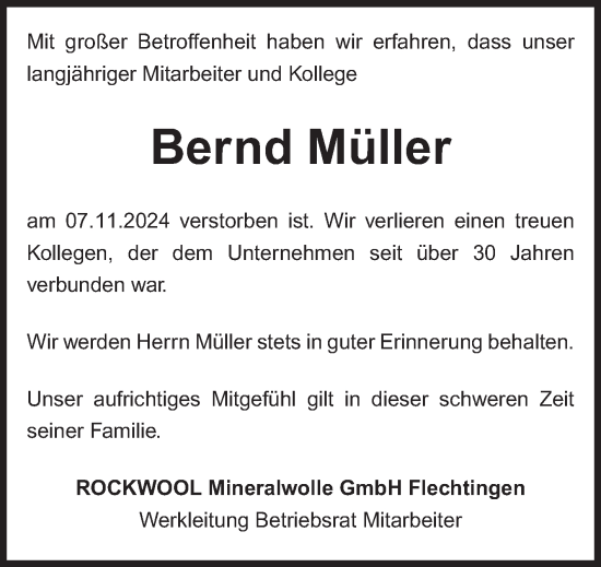 Traueranzeige von Bernd Müller von Volksstimme Haldensleben/Wolmirstedt