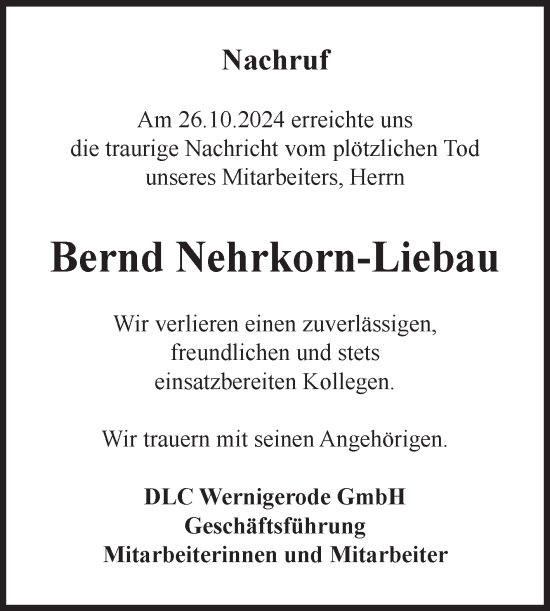 Traueranzeige von Bernd Nehrkorn-Liebau von Volksstimme Wernigerode