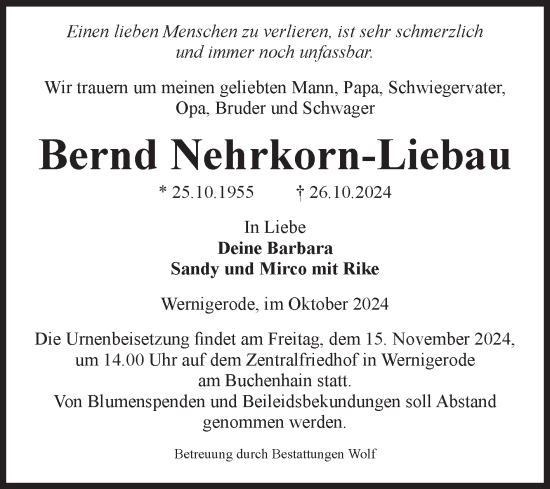 Traueranzeige von Bernd Nehrkorn-Liebau von Volksstimme Wernigerode