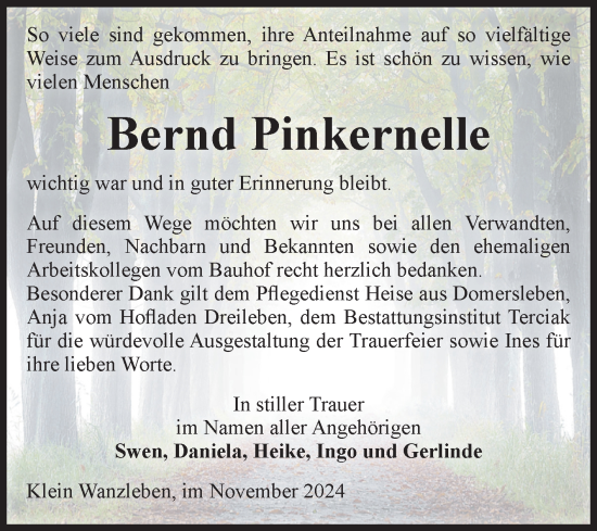 Traueranzeige von Bernd Pinkernelle von Volksstimme Oschersleben/Wanzleben